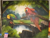 Toucan/Macaw Oil on Canvas, signed