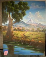 Riverside/Mountains Oil on Canvas, signed Sierra