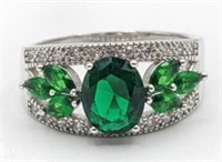 Ladies Sterling White Sapphire & Emerald Ring