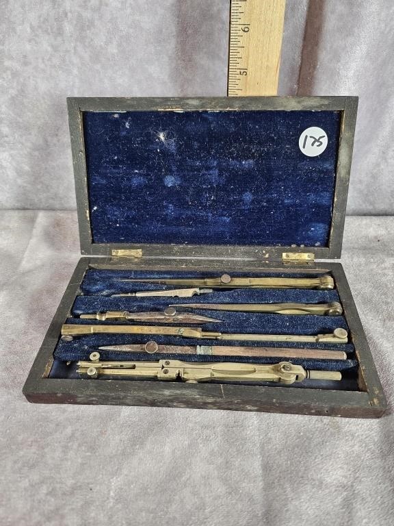 ANTIQUE DRAFTING TOOLS IN FITTED CASE