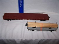 2 FLAT BED RR CARS TTX 13" & LIONEL WITH 6 LOGS