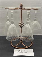 Vintage wine glass rack w/ etched wine glasses