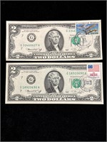 Two 1976 $2 Green Seal Note with FDOI Stamps