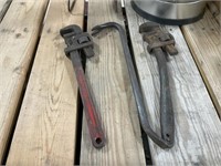 Two 16 Inch Pipe Wrenches and Pry Bar