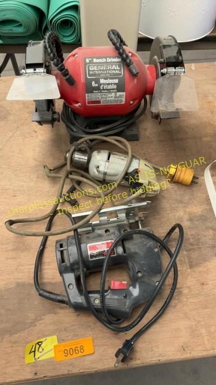 Bench grinder, drill, saw