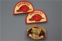 ARKANSAS RAZORBACK PATCHES AND BELT BUCKLE