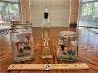 Two Glass Rooster Canisters and One Glass Rooster