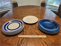 4 Large Blue And White Dinner Plates, One White