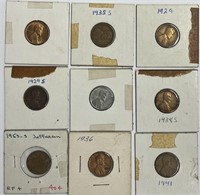 Lot of 9 Assorted Pennies, 1929-1953