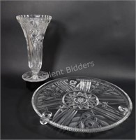 Lead Crystal Hand Cut Footed Cake Platter & Vase