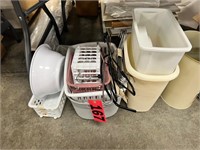 Plastic baskets, trash cans, clothing hangers
