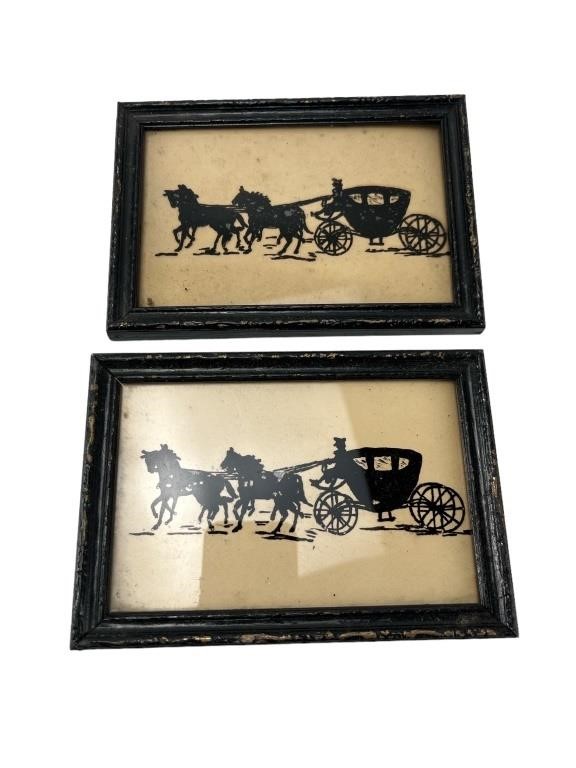 Vintage framed carriage horses silhouette art