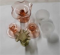 Glass Candle Stands, Vase & Candy Dish