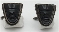Sterling Silver Cuff Links W Black Carved Stone