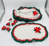 8 Hand Crocheted Christmas Place Mats & 6 flatware