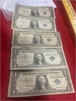 5-$1 SILVER CERTIFICATES & SM STERLING PENDANT