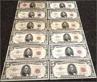 (12) $5.00 Red & Blue Notes 1928 - 1953 -1963