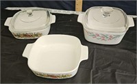 3 pieces corning ware, 2 lids