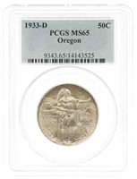 1933-D US OREGON 50C SILVER COIN PCGS MS65