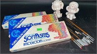 3 Box Grumbacher Soft Pastels, Brushes, Figures