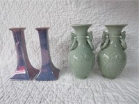 Two Art Pottery Vases/Two Limoges Candlesticks