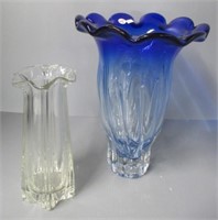 (2) Vases. Cobalt blue measures 14" tall.