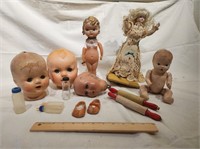 Assorted Dolls, heads, and toys