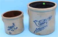 TWO 19TH C. STONEWARE CROCK WITH BLUE BIRD