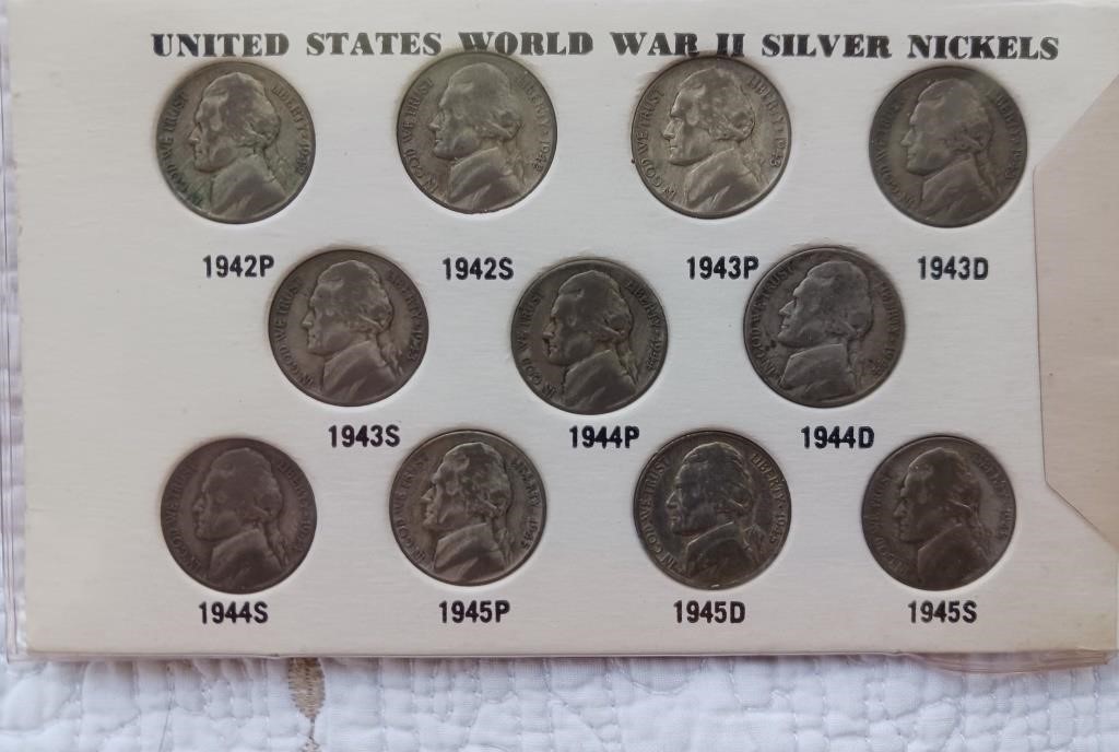WW II Silver Nickels display P-D-S mint marks