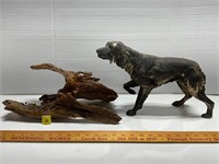 Vtg Metal Cast Dog&Wood Sculpture