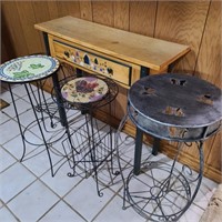 3 Metal Plant Stands w/ Wooden Table