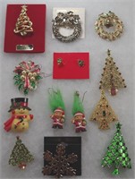 12 COSTUME JEWELRY EARRINGS BROOCHES CHRISTMAS