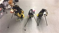 2 kids golf bags and clubs, 2 adults with clubs