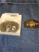 2 Vintage Belt Buckles - 1 is John Deere Camp