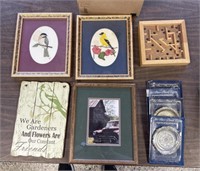 Misc lot of hanging decor, wooden game. & coasters