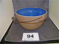 Crock bowl with wire and wood handle, blue