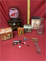 Vintage collectibles Tins, pens, nut machine