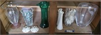 (7) Glass Vases & Pair of Candlestick Holders