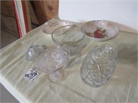 6 PIECES GLASSWARE- 3 BOWLS, CHEESE DISH, 2 CANDY