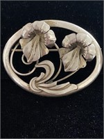 STERLING SILVER OVAL FLOWER PIN / BROOCH; SIGNED