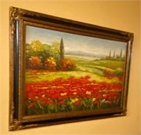 Framed Painting Art Piece Red Flowers Meadow