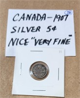 Canada-1907 Silver 5 cent coin, Nice, Very