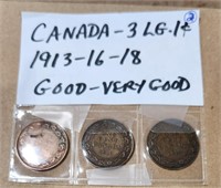 Canada- 3LG 1 cent coins, 1913, 1916 &