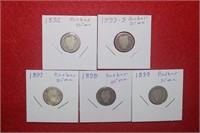 (5) Barber Dimes 1892 to 1899 Mix