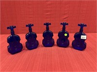 5 Cobalt Blue Glass Violin Shape Bottles, 8 in. H