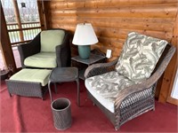 patio chairs , tables, lamp, waste basket