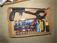 BOX OF TOOLS - SOCKETS, RATCHET, CLAMP, SAW