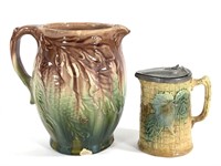 Majolica Pitcher Pine Cones, Syrup w Pewter Lid