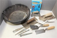 Masonry tools-4 trowels, edger, pan & more