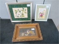 GILT FRAMED FLORAL PRINT & 2 WATERCOLOURS SIGNED